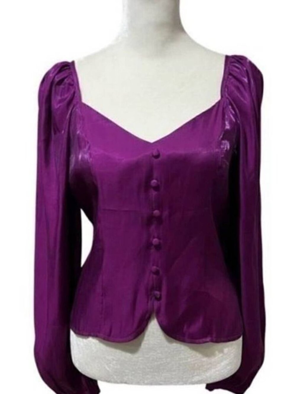 Purple Satin Sweetheart Neck Puff Sleeve Button Front Blouse